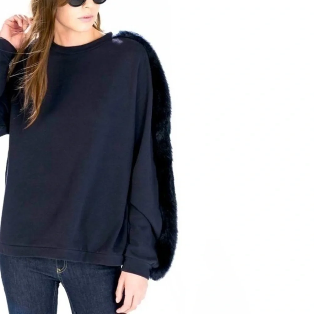 ZARA Plush Sweatshirt pullover faux fur sleeves navy blue S Gently Preloved - Picture 1 of 11